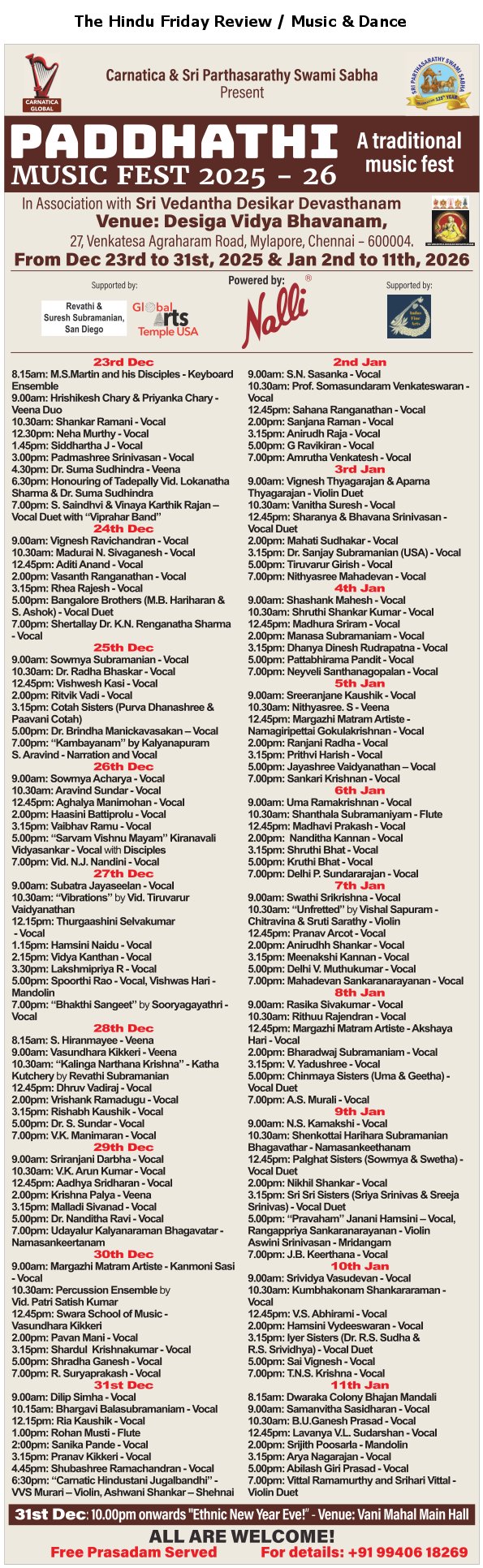 Carnatica & Sri Parthasarathy Swami Sabha - Paddhathi music fest